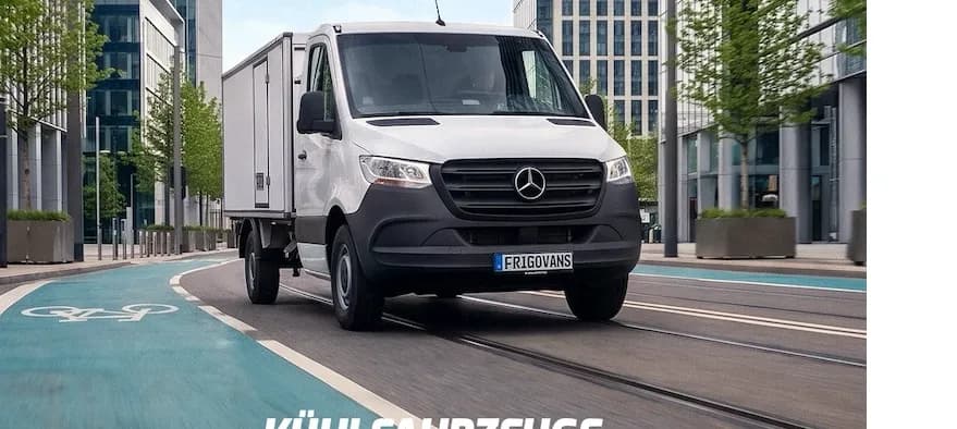 Mercedes-Benz Kühlfahrzeug zwischen Bürogebäuden